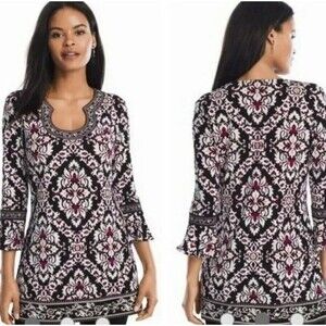 White House Black Market Sz S Floral Bell Sleeve Embroidered Neck MiniDress Boho